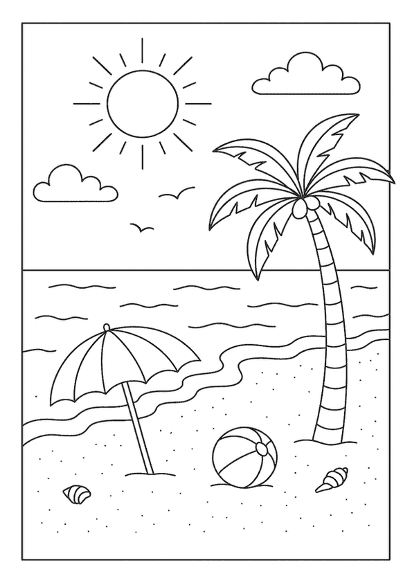 The coloring page depicts a sunny beach day with a palm tree, ocean waves, and a beach ball on the sand.