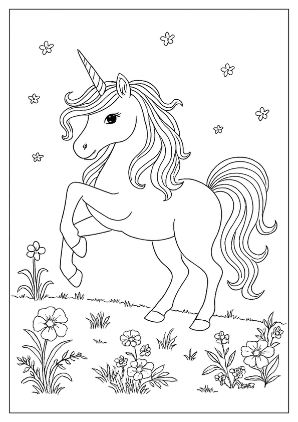 A Magical Unicorn Coloring Page. It Has A Long, Flowing Mane And Prances In A Meadow Of Flowers.