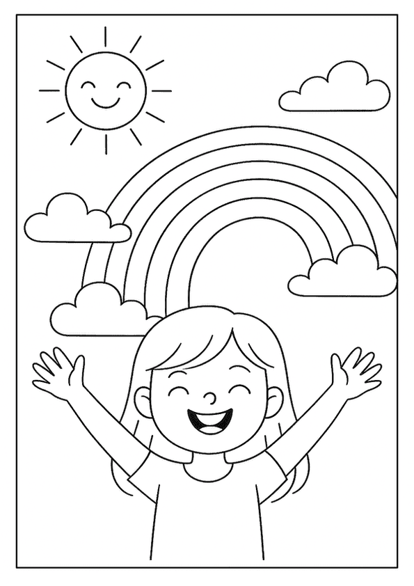 A joyful girl with arms outstretched, under a happy sun and a big rainbow.