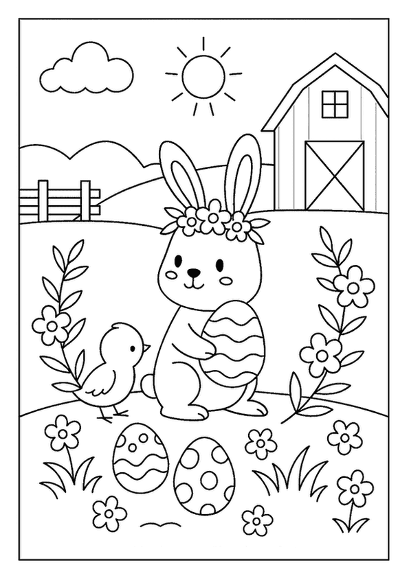 Sunshine over Easter farm, with a bunny, chick, decorated eggs, barn, and hills.