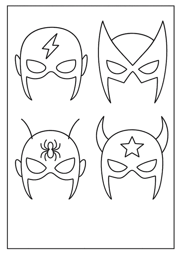 Superhero masks to print for kids, featuring lightning bolt, winged, spider, and horned designs.