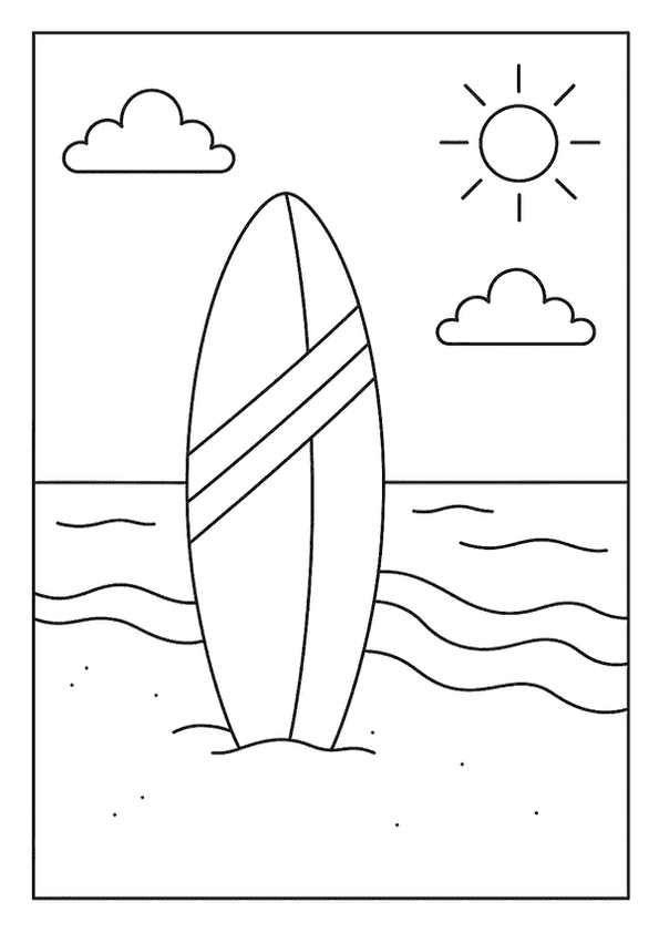 A surfboard standing upright on a sandy Summer beach near the ocean waves.