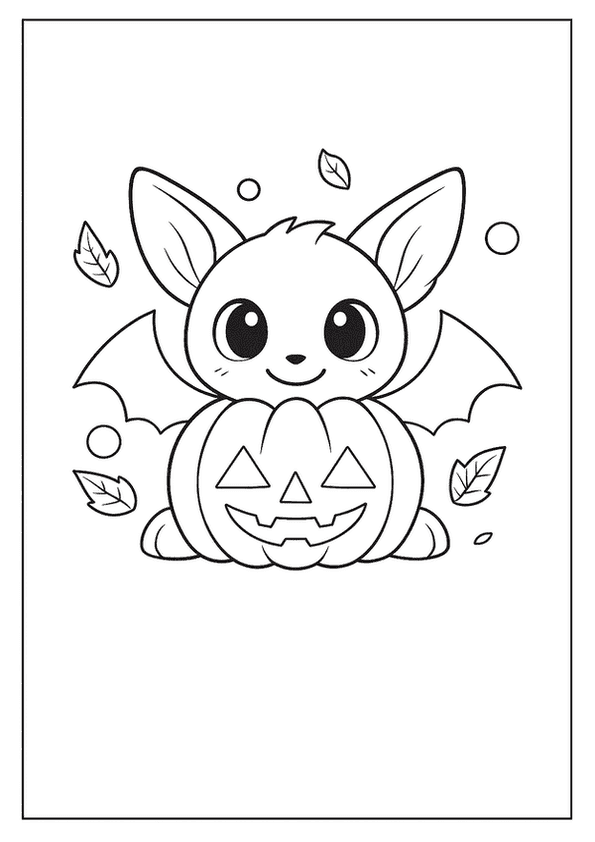 An adorable cartoon bat with large eyes and small wings sits happily behind a carved Halloween gourd, surrounded by floating leaves.