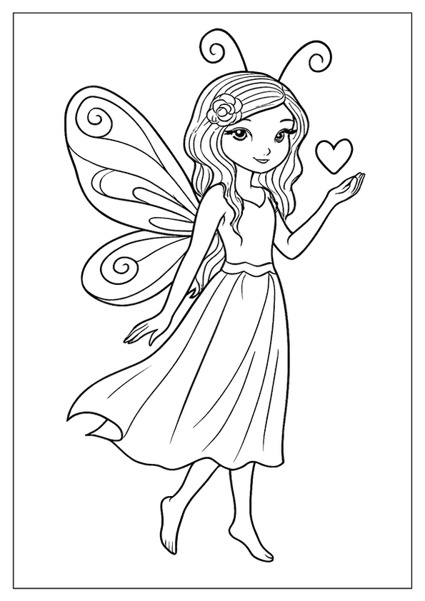 A Sweet, Smiling Fairy With Butterfly Wings Holding A Heart, Perfect For A Kids' Coloring Activity.