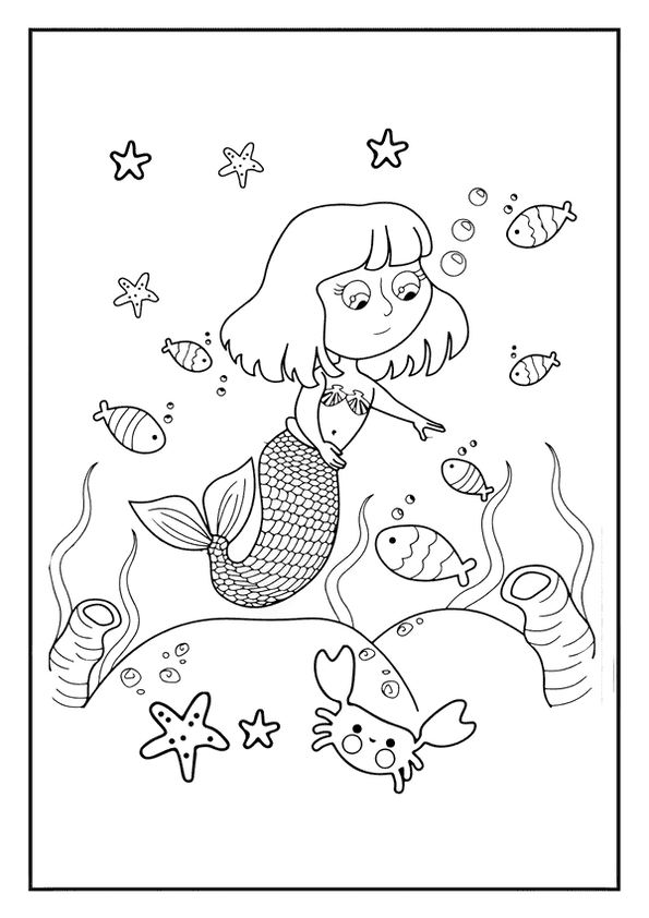 This mermaid coloring page shows a friendly mermaid with a pearl necklace, sitting on a seabed rock with a smiling fish nearby.