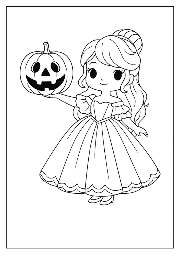 An adorable princess in a flowing gown holds a cheerful jack-o'-lantern.