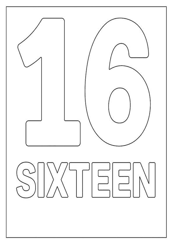 The number 16 and the word "SIXTEEN" in outlines, ideal for a number coloring page.