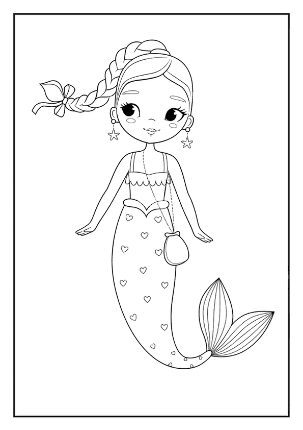 An adorable mermaid coloring page of a cute little mermaid with a big braid, earrings, and a small purse.