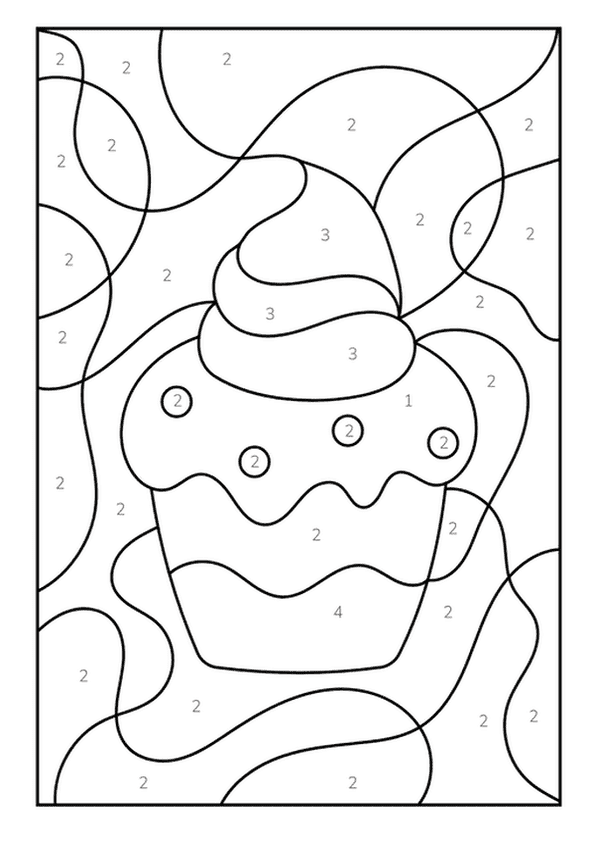 Cute cupcake with sprinkles, a color by number Coloring Page activity.