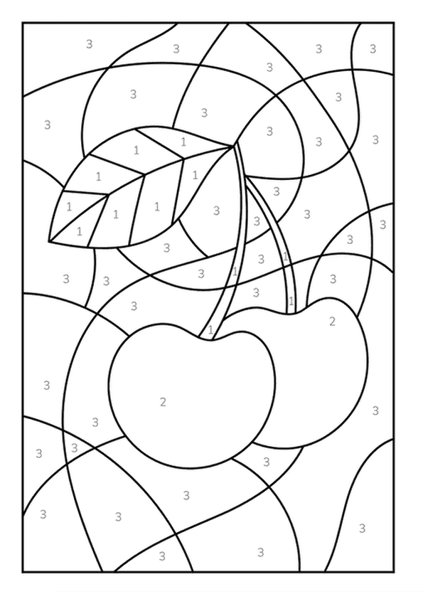 A fruit-themed color by number coloring page showing two cherries and a leaf in a mosaic pattern.