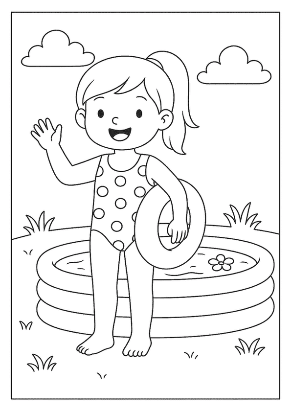 A cheerful girl in a polka-dot swimsuit with a swim ring, ready for a dip.