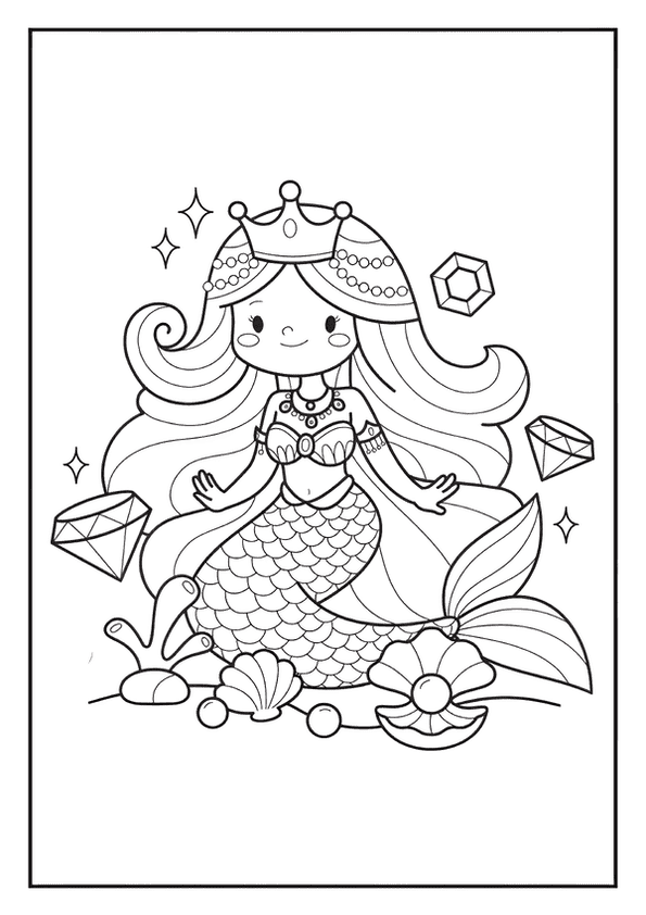 An enchanting mermaid coloring page showing a queen mermaid with a crown and jewels surrounded by treasure.