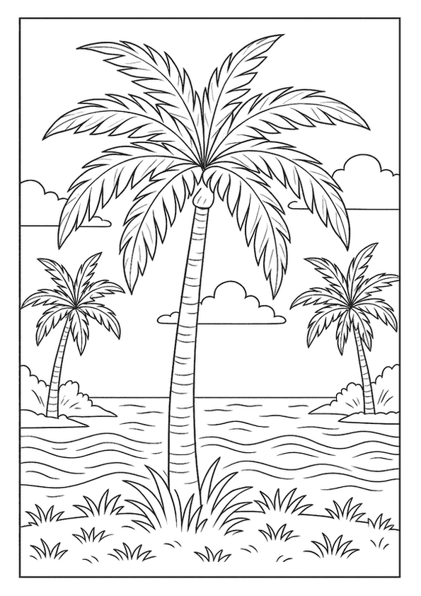 Tall palm trees overlooking a wavy ocean with clouds in the sky.