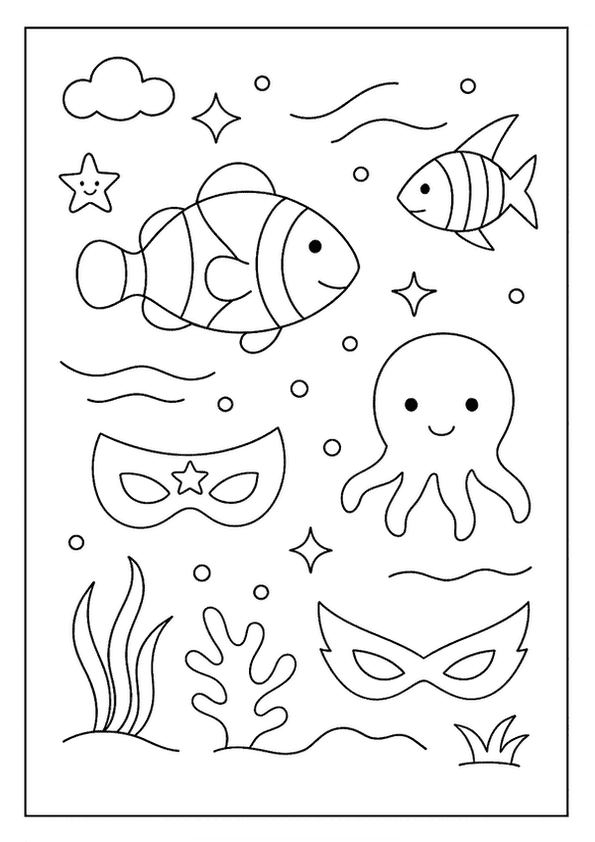 Underwater world coloring pages for kids, showing a clownfish, another fish, octopus, and two masks.