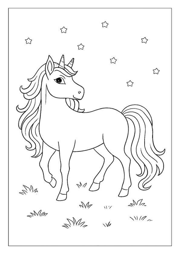 A Magical Unicorn Coloring Page. This Simple Outline Has A Long Mane And Stands In A Meadow Of Stars.