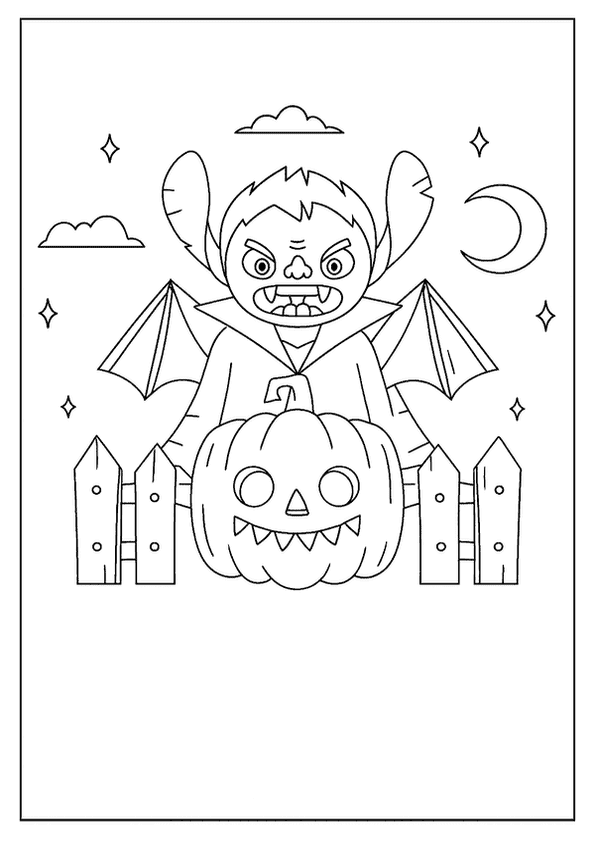 A cartoon vampire child with large ears, wings, and fangs stands behind a spooky jack-o'-lantern.