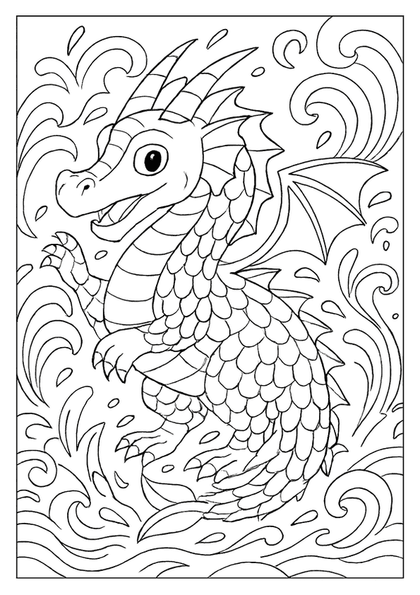  Majestic water dragon coloring page surrounded by swirling ocean waves.