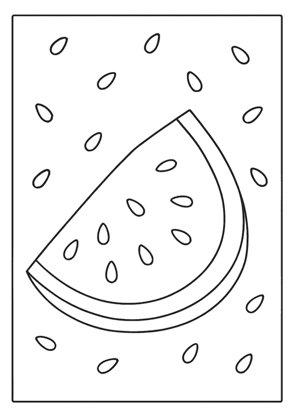 A juicy slice of Summer watermelon with scattered seeds, ready to be colored.