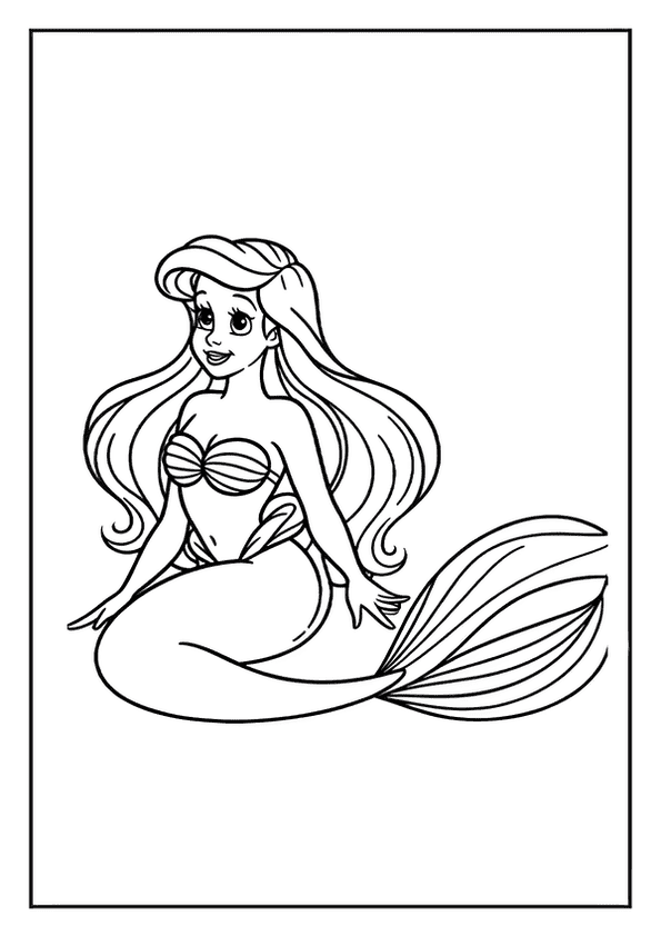 An excellent mermaid coloring page of a princess mermaid with long, wavy hair and a big, friendly smile.