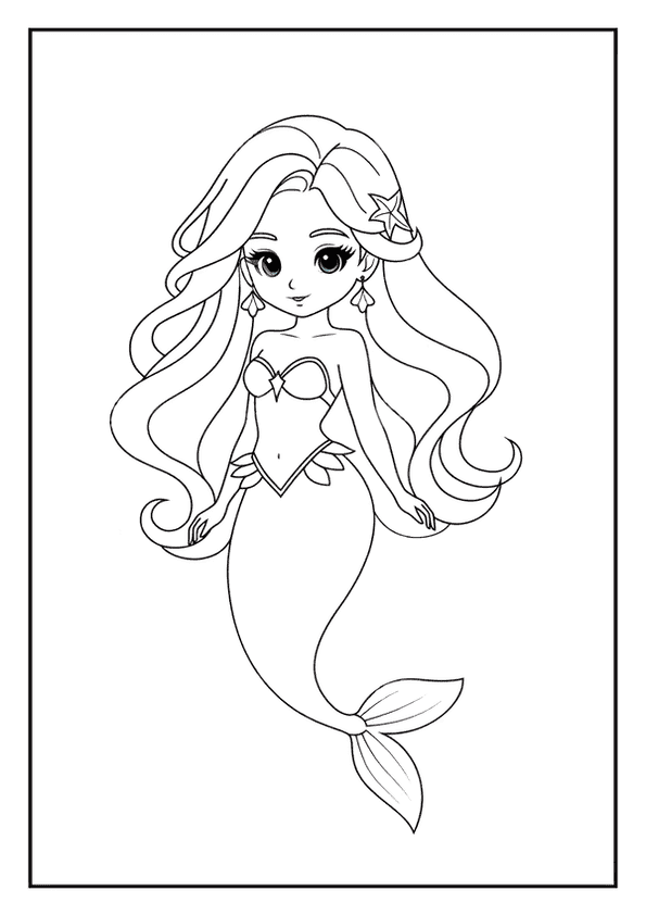 A magical mermaid coloring page of a cute princess mermaid with long, wavy hair and a starfish clip.