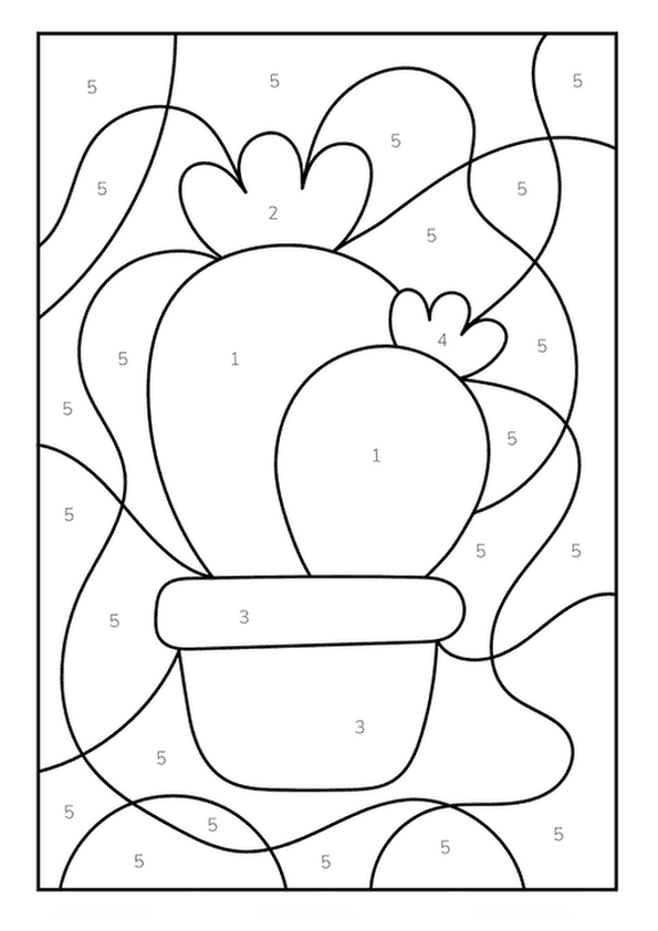 A color by number coloring page featuring a cute cactus with flowers in a small pot.