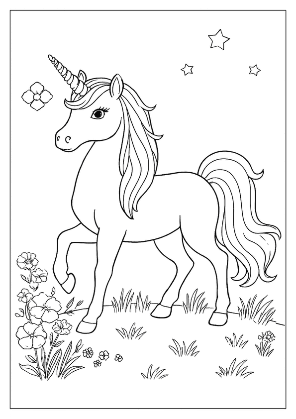 A Graceful Unicorn Coloring Page With A Detailed Spiraled Horn, Standing Among Flowers And Stars.