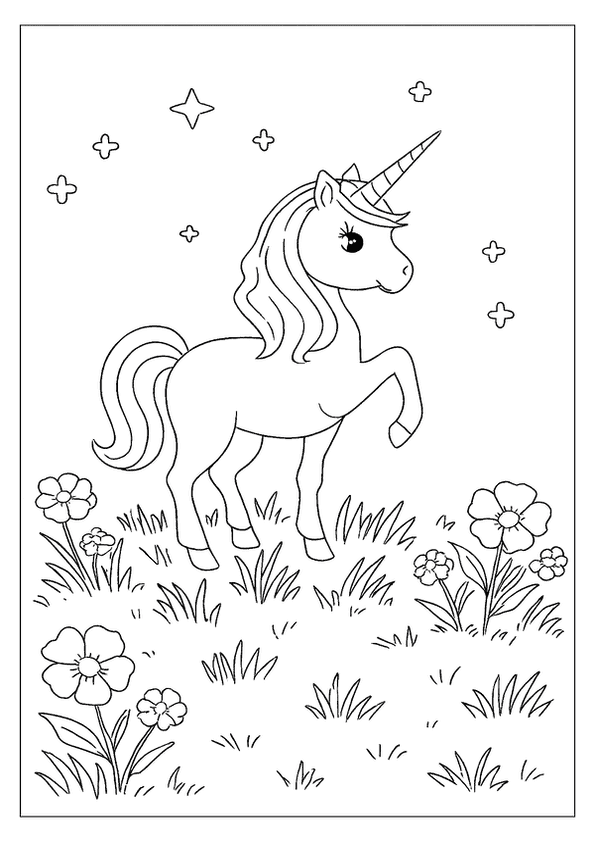 A Magical Unicorn Coloring Page. This Unicorn Has A Long Mane And Prances In A Field Of Flowers.