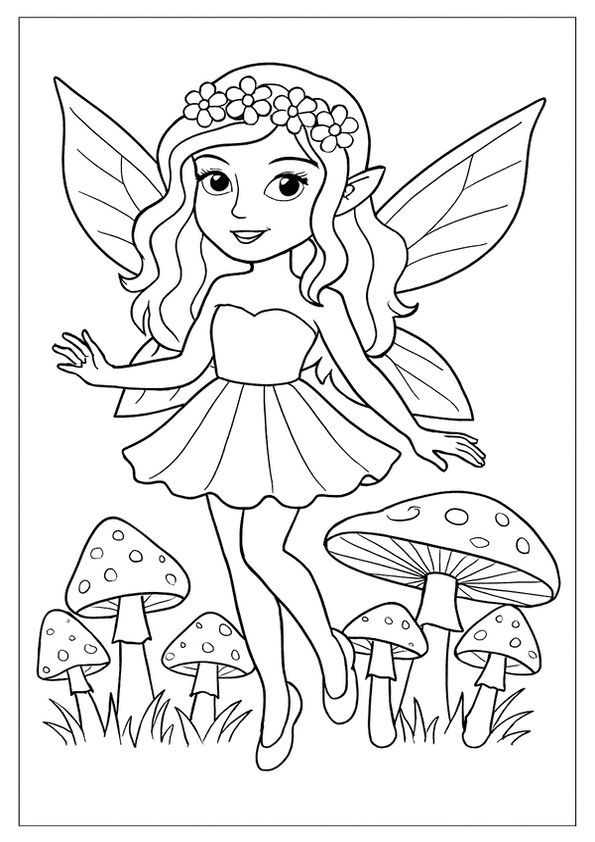 A Magical Fairy With A Flower Crown, Standing Amongst Mushrooms, A Wonderful Fantasy Scene.