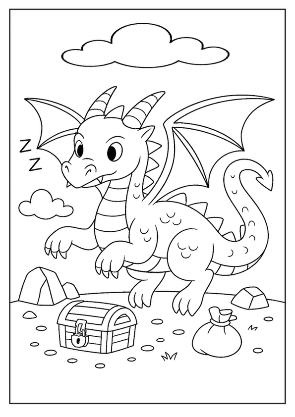  Alert winged dragon coloring page near a treasure chest under a cloud.