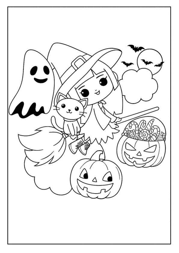 A cute witch on a broomstick with her cat, a friendly ghost, and two smiling holiday gourds.