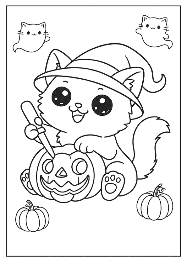 An adorable witch kitten carving a jack-o'-lantern, surrounded by small pumpkins and two ghost cats.