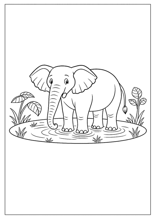 Elephant Coloring Page Of A Young Elephant Standing In A Shallow Body Of Cool Water.