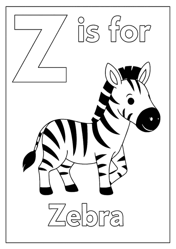 Z is for Zebra letter coloring page with a cute striped animal ready for creative fun.