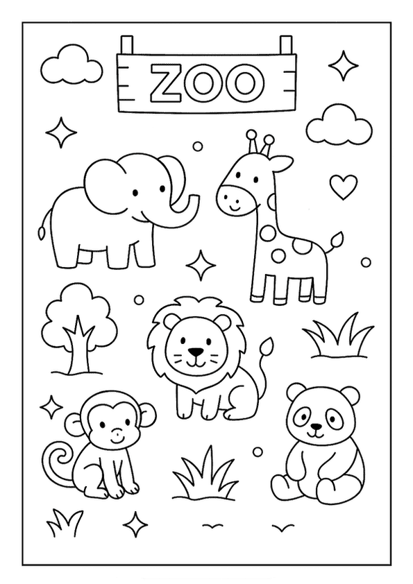 Zoo animal coloring pages for kids, featuring an elephant, giraffe, lion, monkey, and panda.